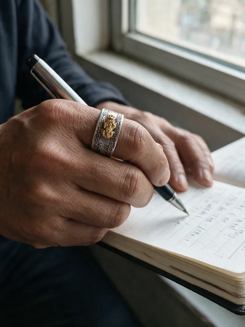 La mano de un hombre que escribe en su agenda, con el Anillo Pixiu